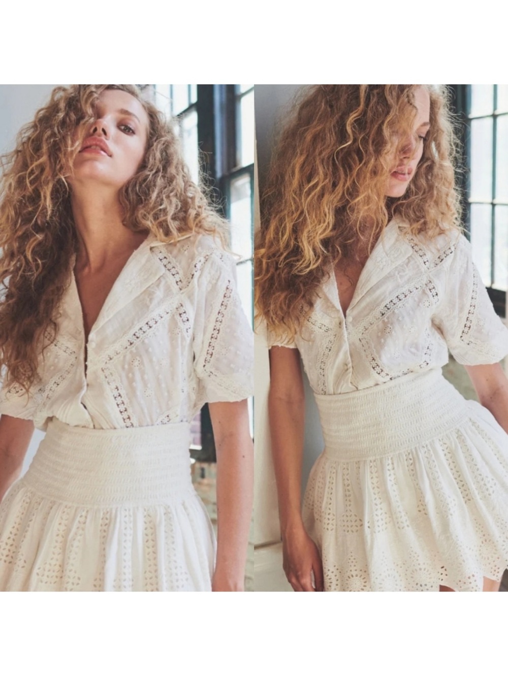 Hermant & Nandita White Eyelet Lace Button-Front Short Sleeve Top M - Picture 5 of 6